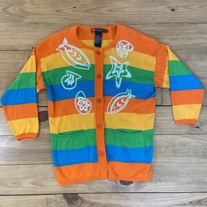 Vintage 80s 90s IB Diffusion Ocean Fish Striped Cardigan Sweater Beaded Sequin